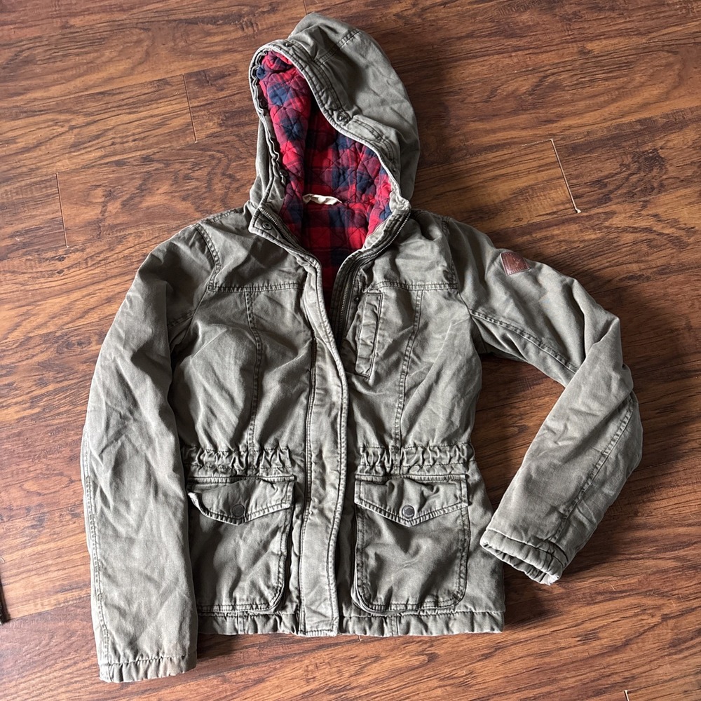 Y2K HOLLISTER Olive Army Green Red Plaid Quilted Lining Hood Jacket Small